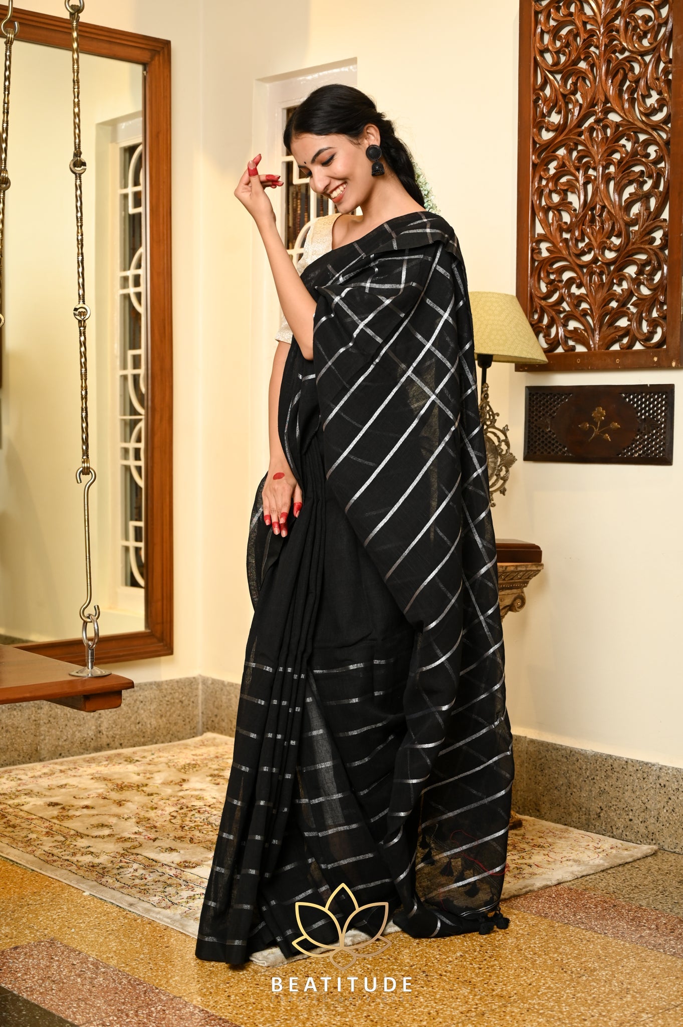 Black Cotton Zari stripes Saree