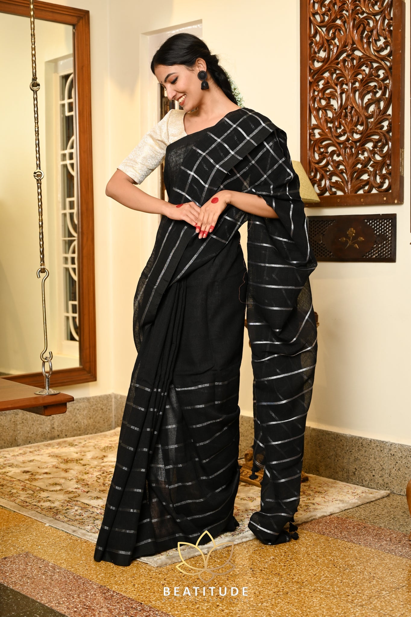 Black Cotton Zari stripes Saree