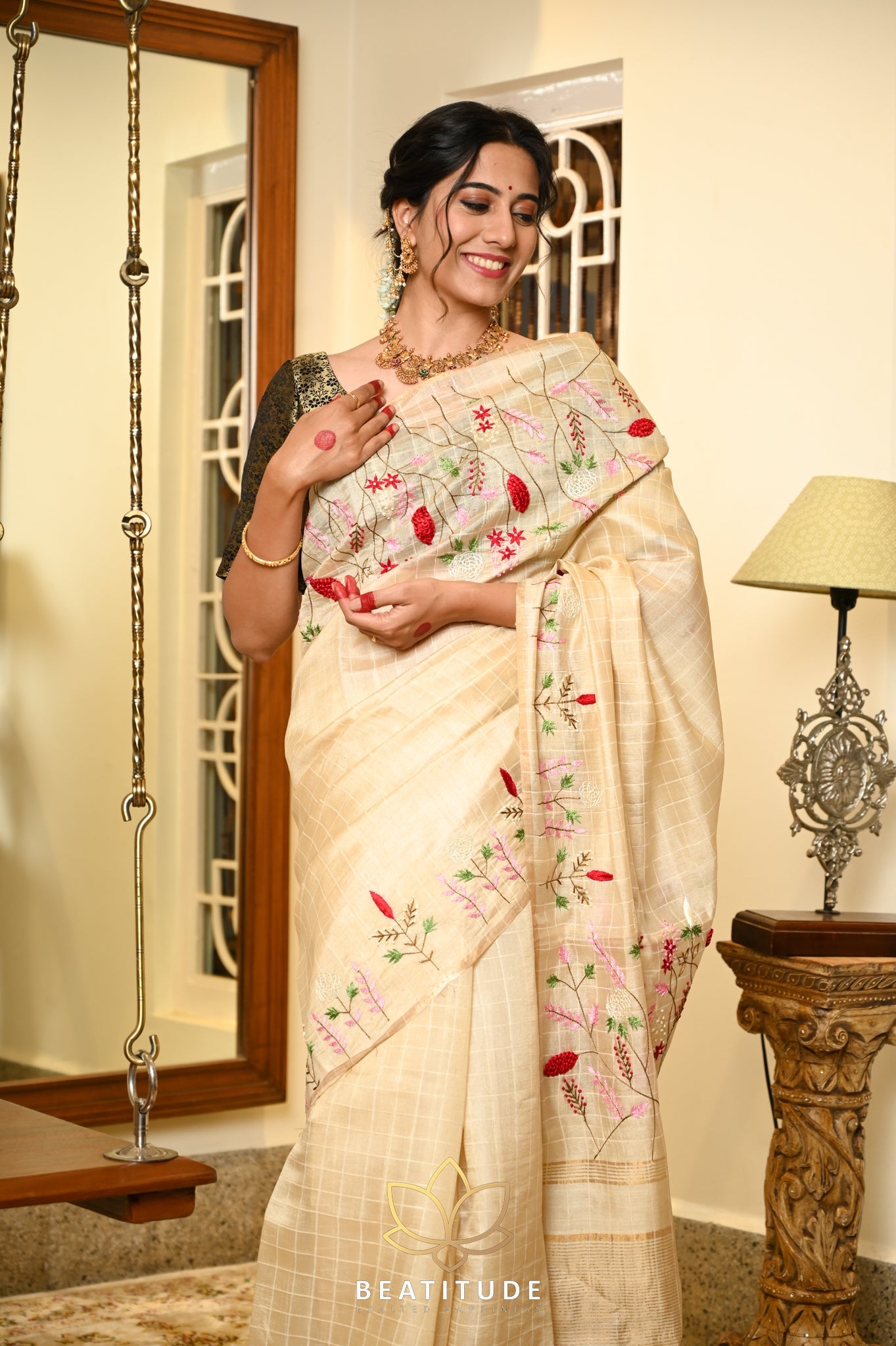Cream handwoven Tussar Paper Silk Saree With Hand Embroidery