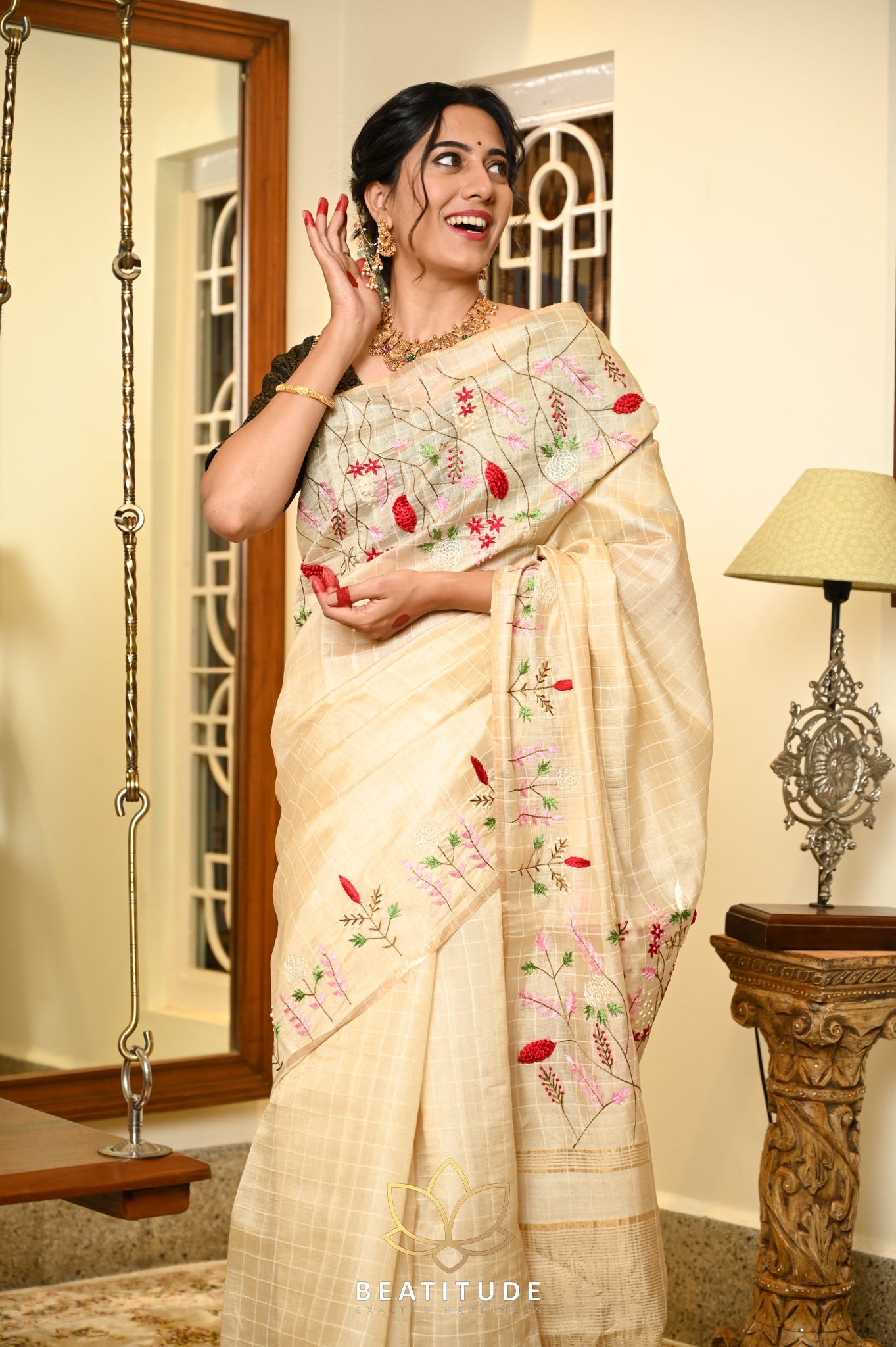 Cream handwoven Tussar Paper Silk Saree With Hand Embroidery
