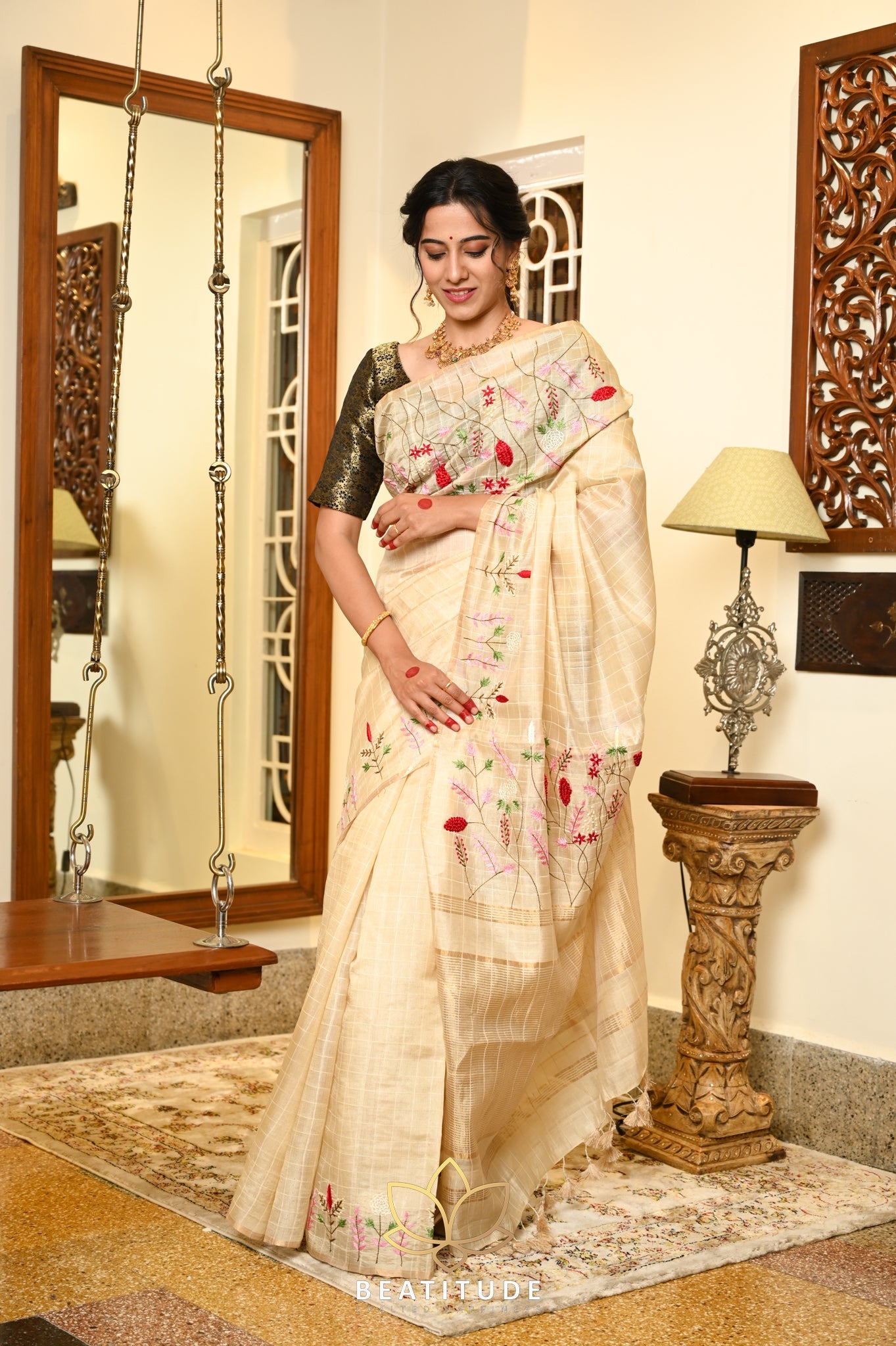 Cream handwoven Tussar Paper Silk Saree With Hand Embroidery
