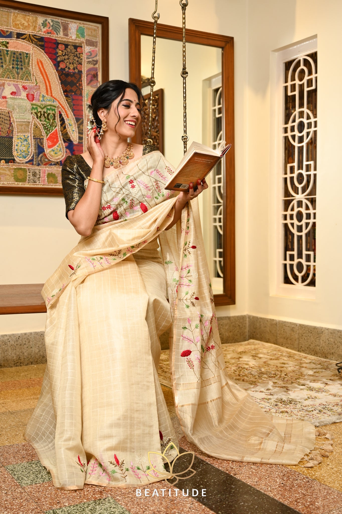 Cream handwoven Tussar Paper Silk Saree With Hand Embroidery